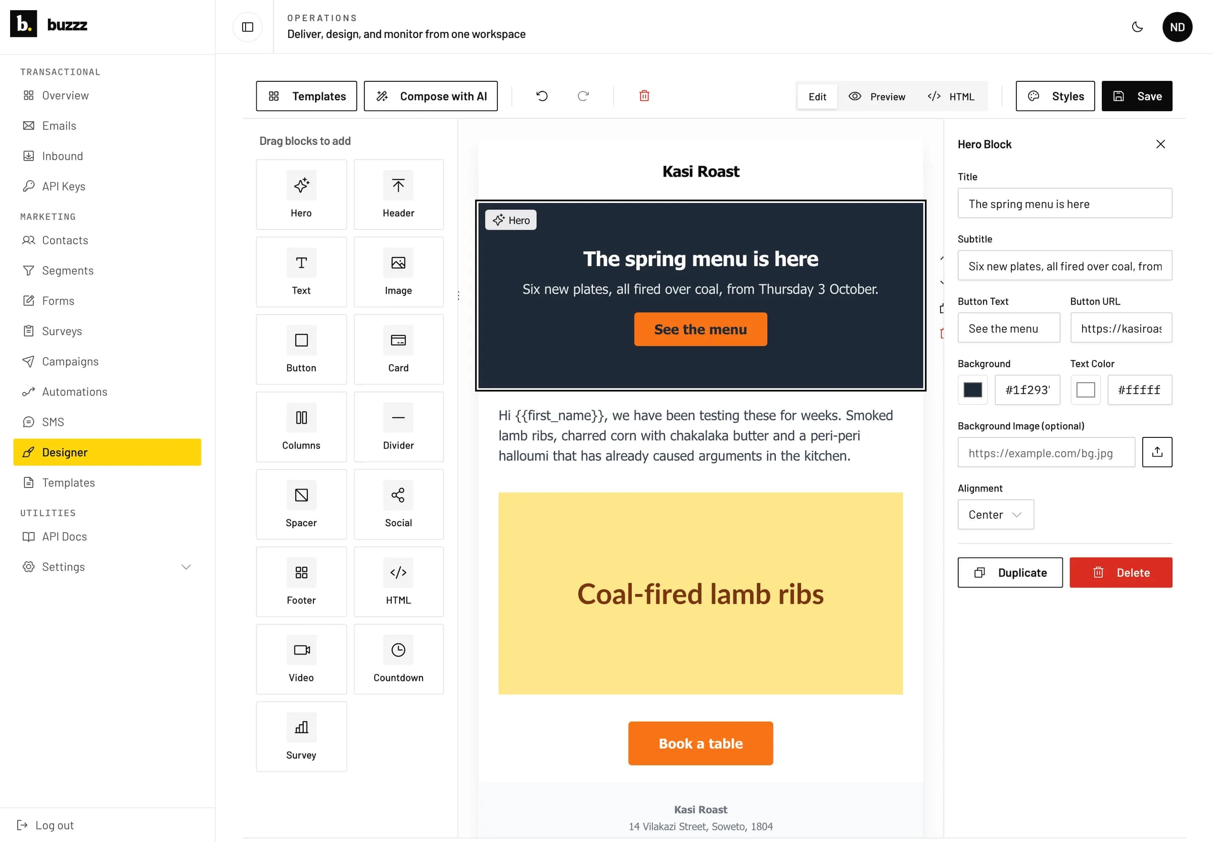 The campaign designer: a rail of draggable blocks, a newsletter canvas with a hero, text, image and button, and the selected block's properties on the right.